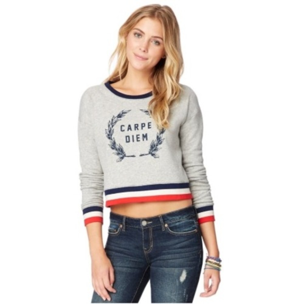 Aeropostale Carpe Diem Cropped Sweatshirt Striped Collegiate Sporty Gray XL